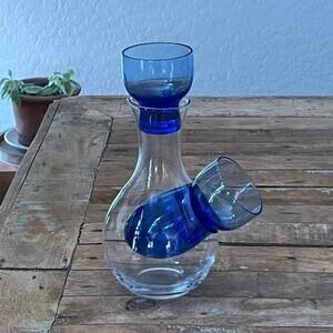 Tokyo Sasaki Glass Cold Sake Set Carafe Cobalt Blue Japanese Mid Century MCM